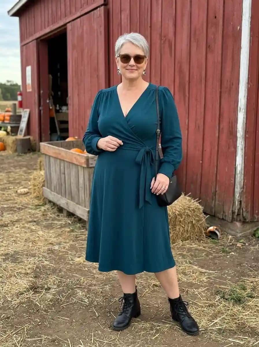 Teal Wrap Midi Dress with Black Lace-Up Boots