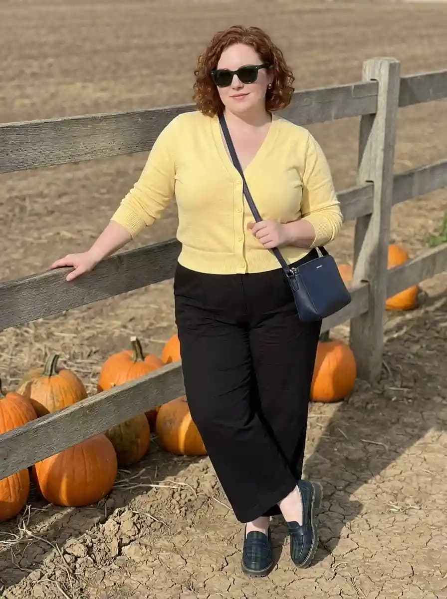 Butter Yellow Cardigan with Black Cropped Trousers