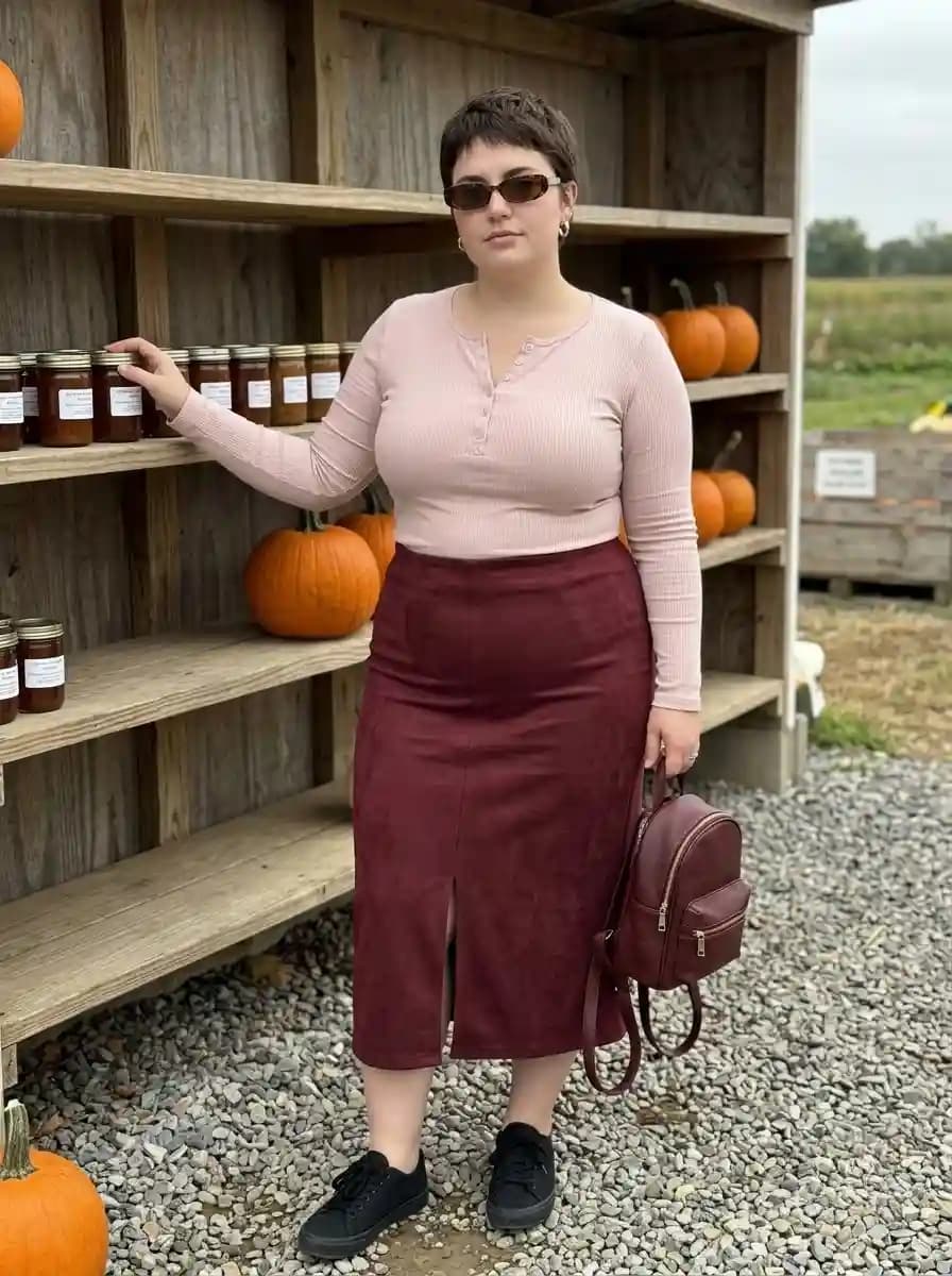 Blush Ribbed Henley with a Burgundy Midi Skirt