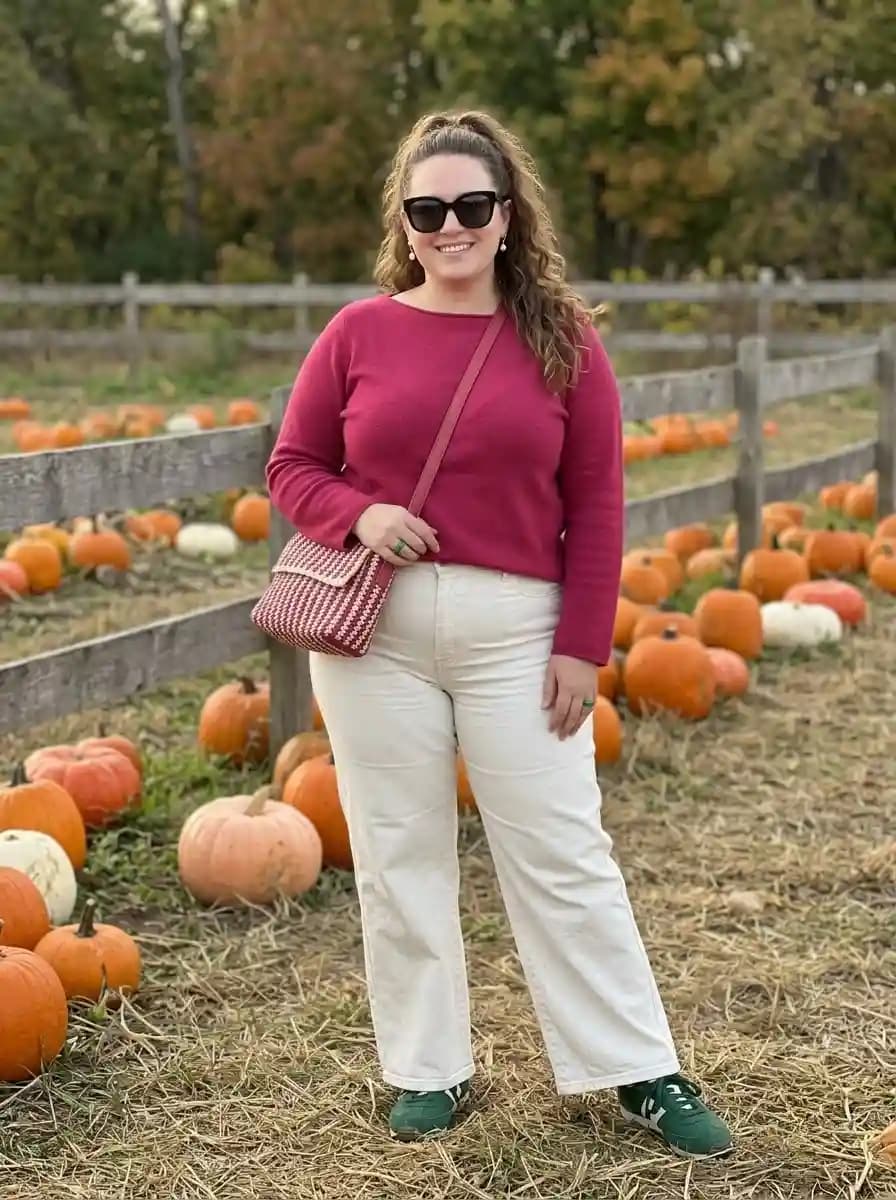 Berry Pink Sweater with Cream Wide-Leg Jeans