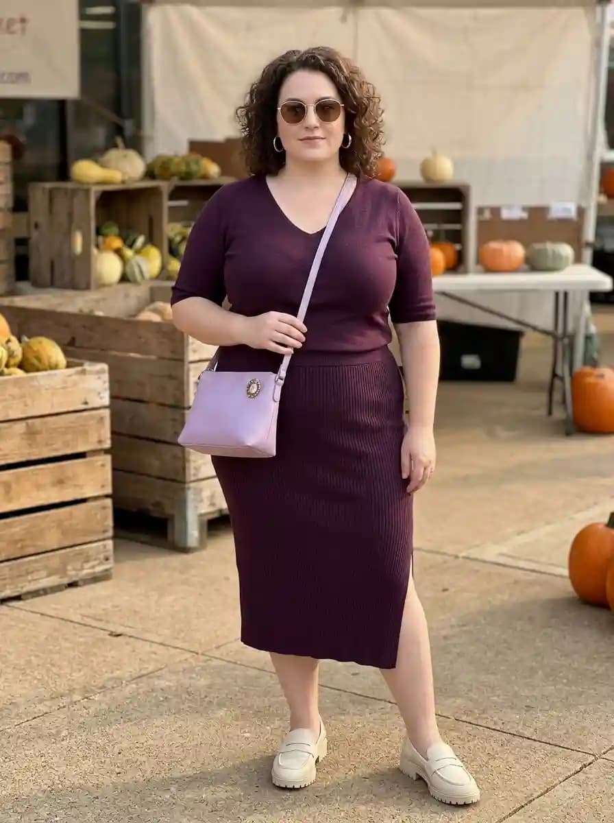 Plum Knit Top with a Matching Ribbed Midi Skirt