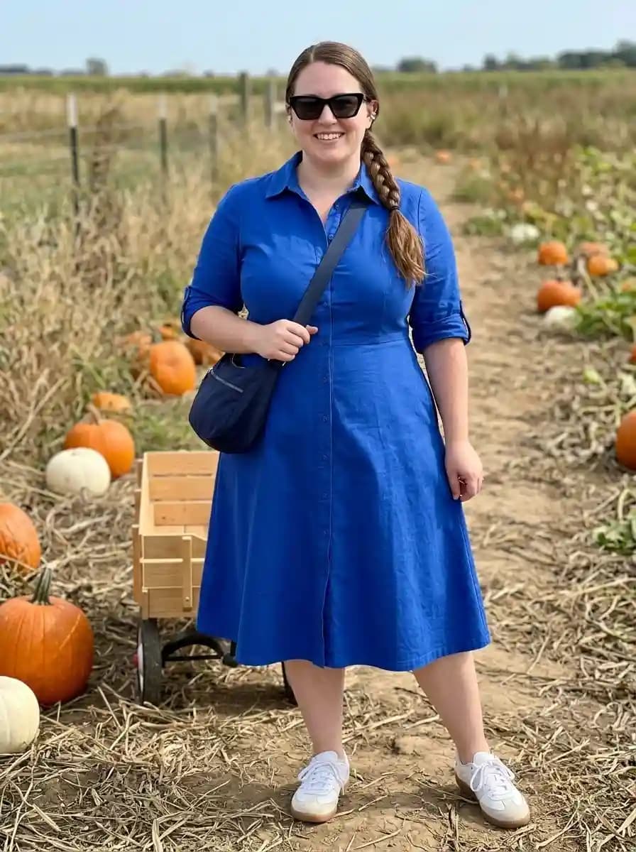 Cobalt Blue Button-Front Shirt Dress with White Sneakers