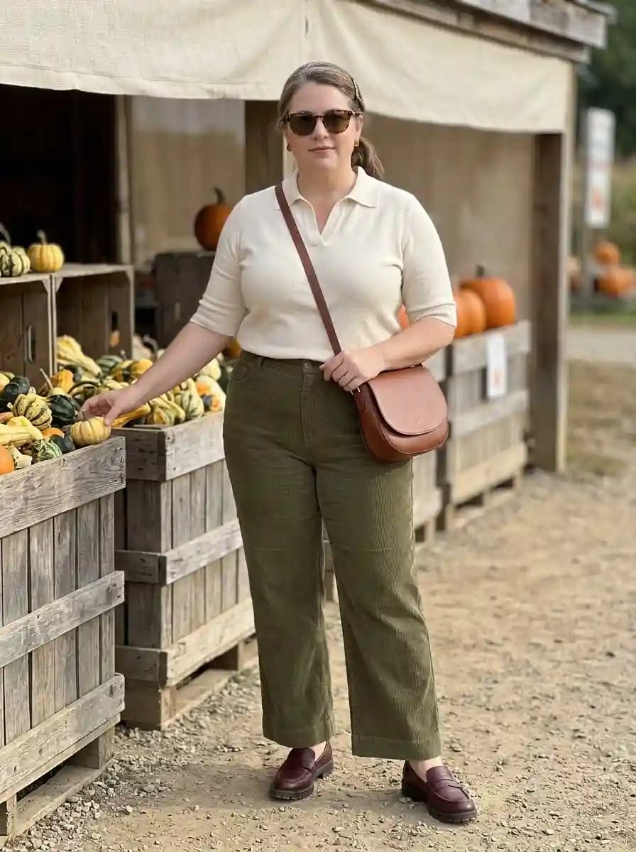 Cream Polo Knit with Olive Wide-Leg Trousers