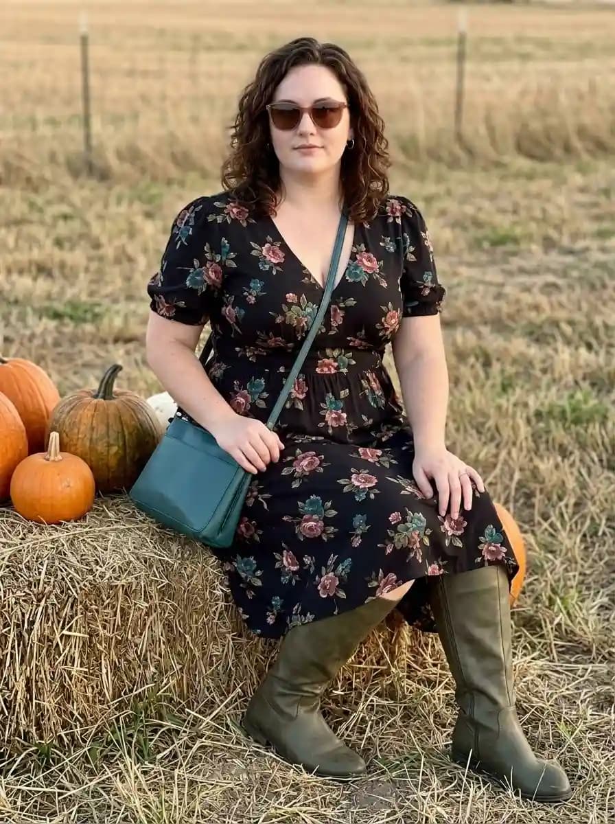 Dark Floral Midi Dress with Olive Knee-High Boots