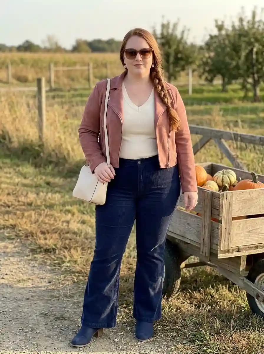 Dusty Rose Moto Jacket with a Cream Top and Navy Trousers