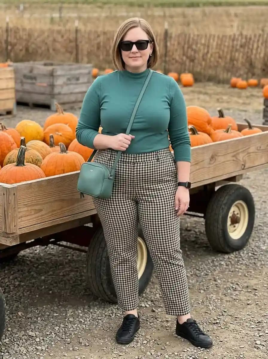 Teal Mock-Neck Top with Checkered Trousers
