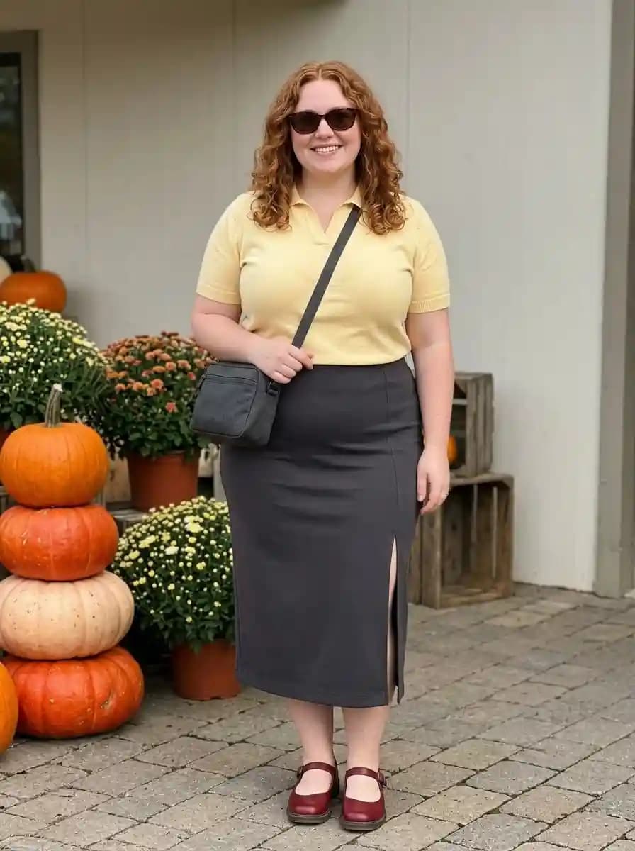 Butter Yellow Polo with a Charcoal Midi Skirt