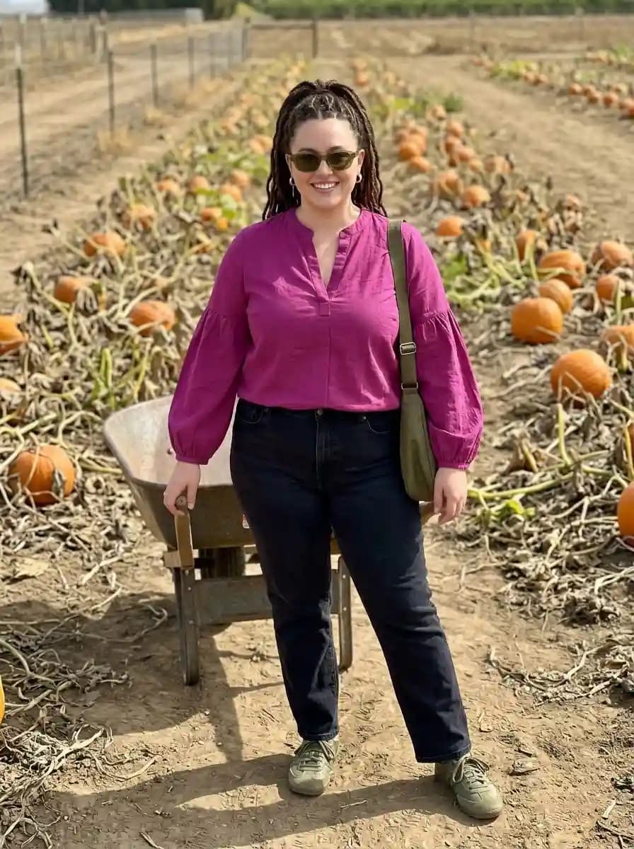 Berry Balloon-Sleeve Blouse with Dark-Wash Jeans