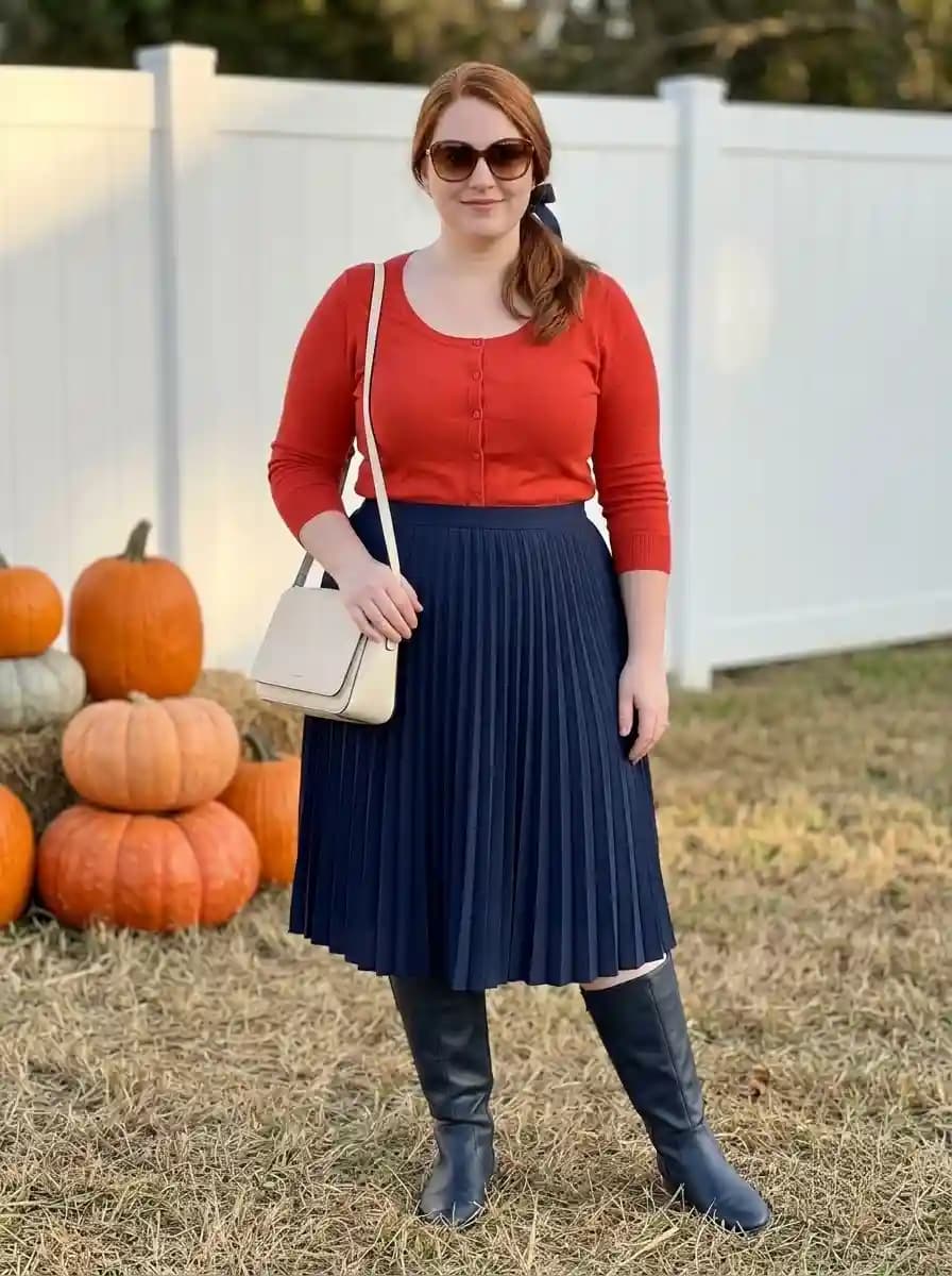 Pumpkin Orange Cardigan with a Navy Pleated Midi Skirt