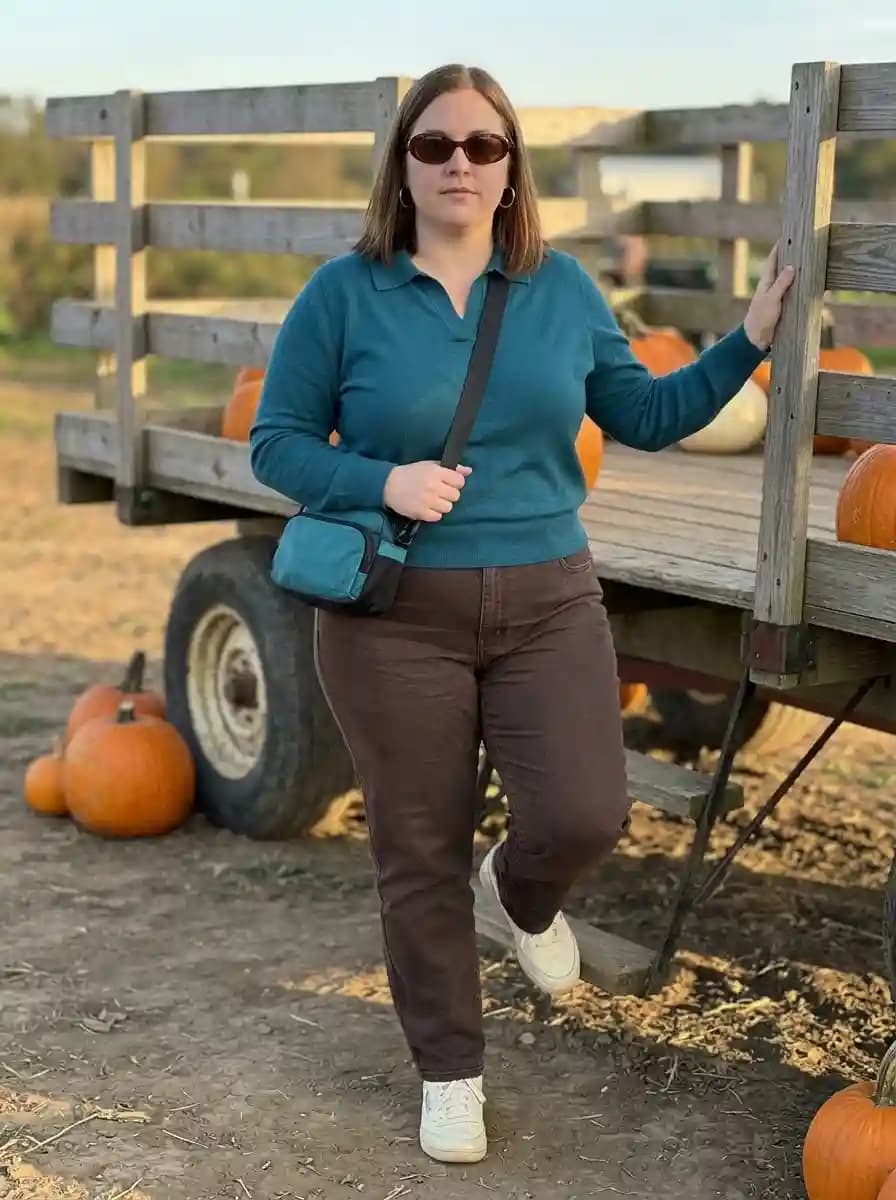 Teal Polo Sweater with Chocolate Brown Pants