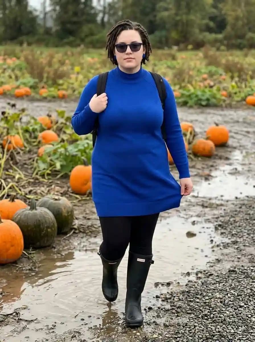 Cobalt Blue Sweater Dress with Black Rain Boots