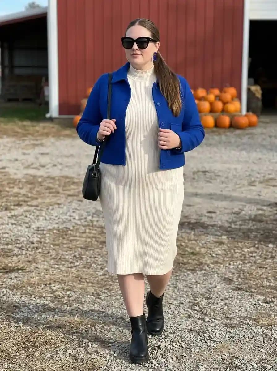 Cream Ribbed Midi Dress with a Cobalt Cropped Jacket