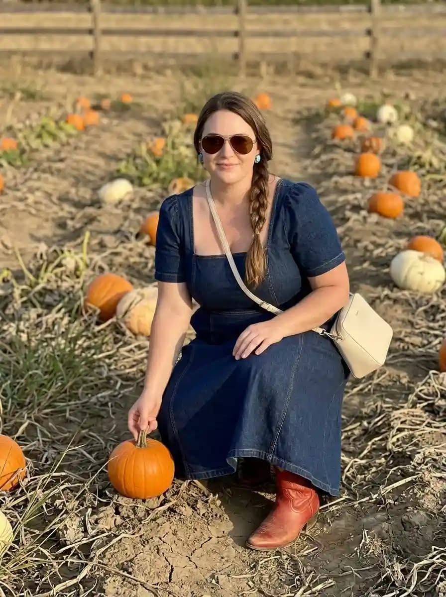 Dark Denim Midi Dress with Rust Western Boots