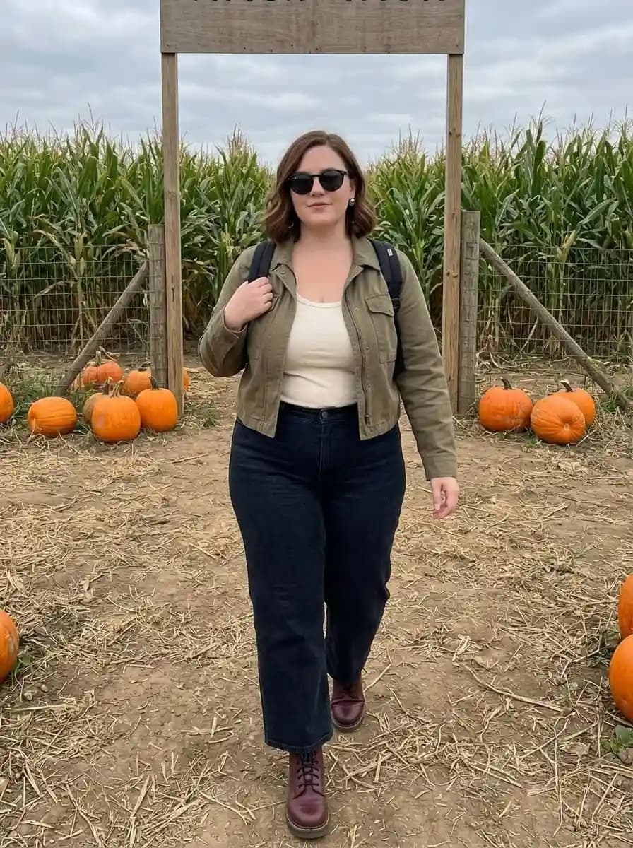 Olive Utility Jacket with a Cream Top and Dark Jeans