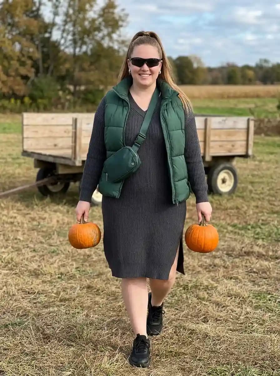 Charcoal Sweater Dress with a Forest Green Puffer Vest