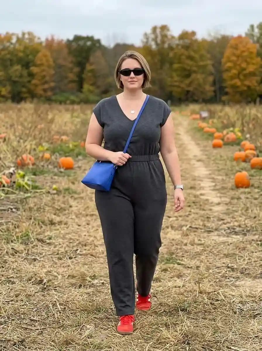 Charcoal Jumpsuit with Bright Red Sneakers