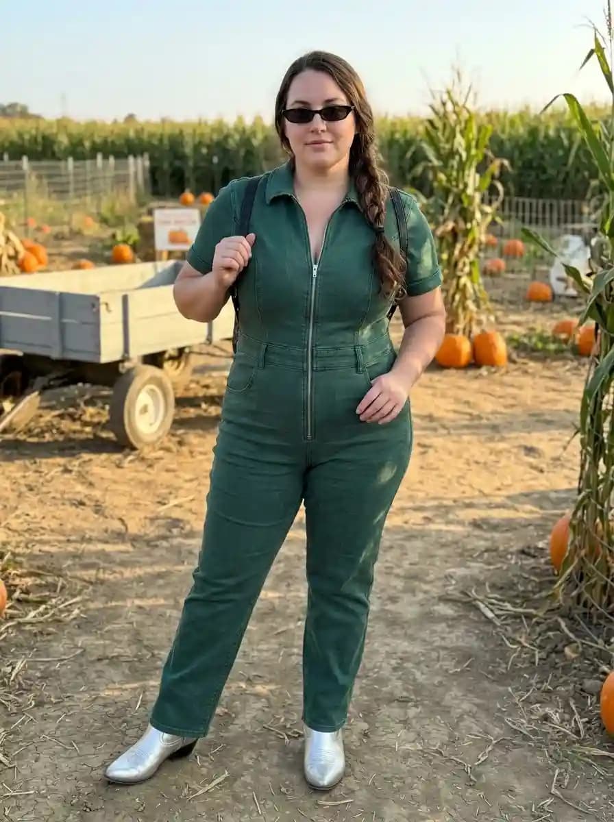 Forest Green Utility Jumpsuit with Metallic Boots