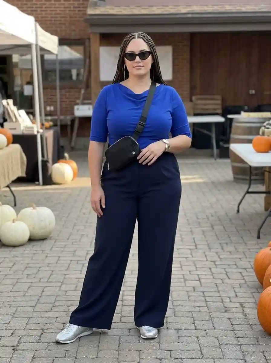 Cobalt Blue Top with Navy Wide-Leg Trousers