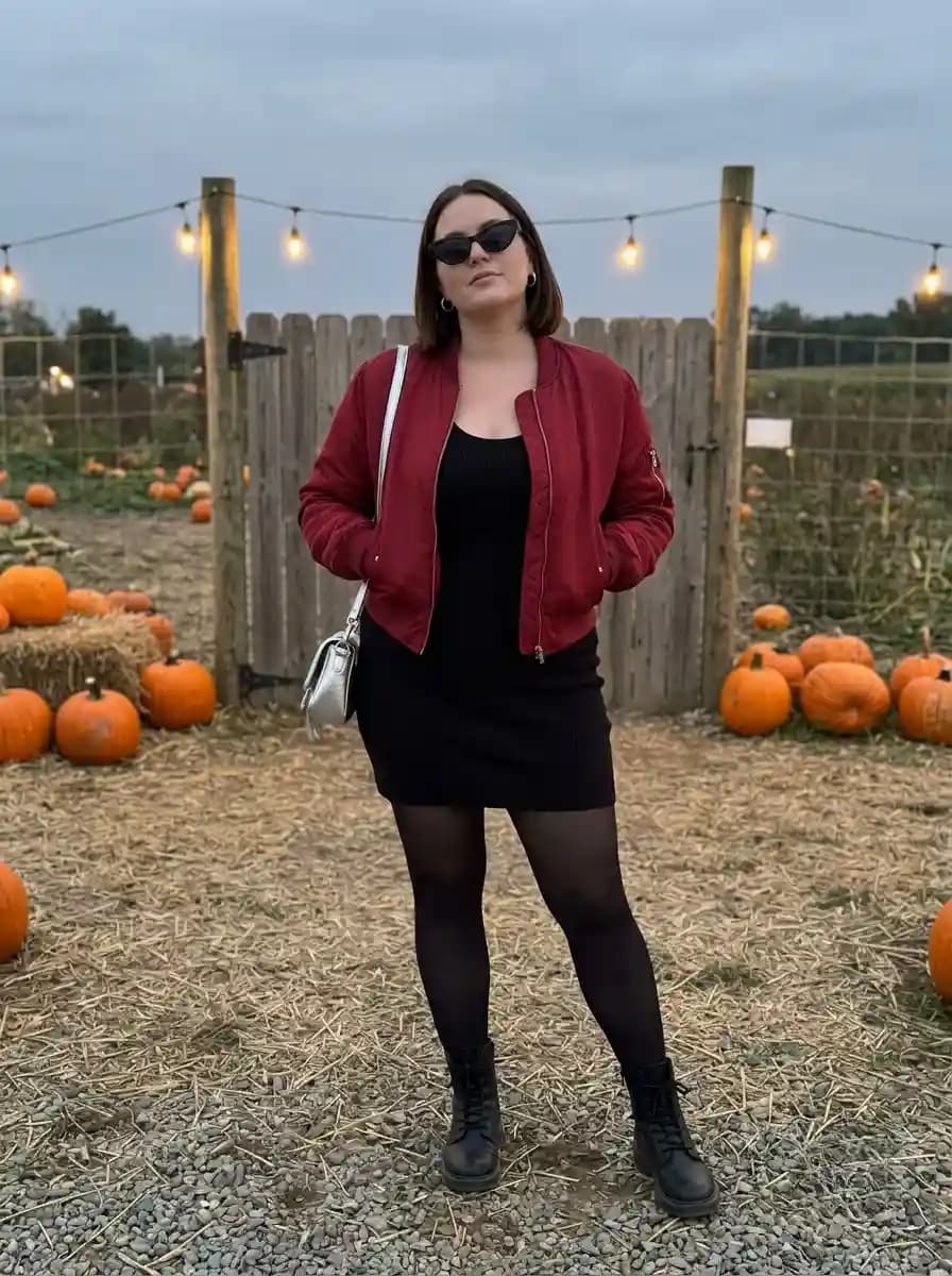 Red Bomber Jacket with a Black Mini Dress