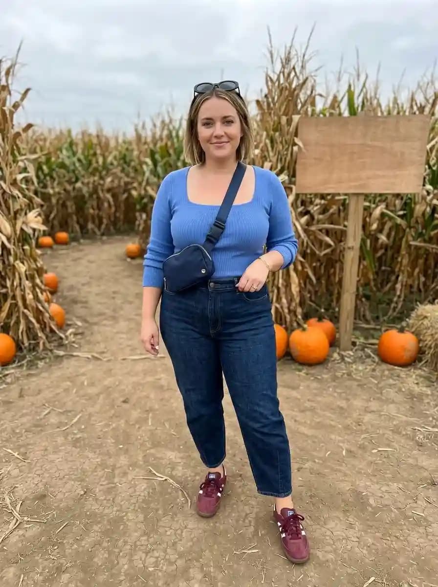 Cornflower Blue Square-Neck Top with Dark-Wash Jeans