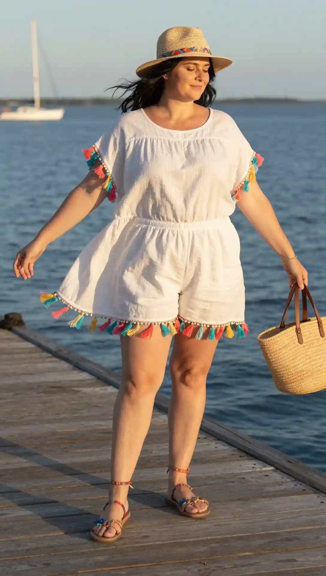 White Pom Pom Tassel Romper + Straw Hat + Woven Tote Bag