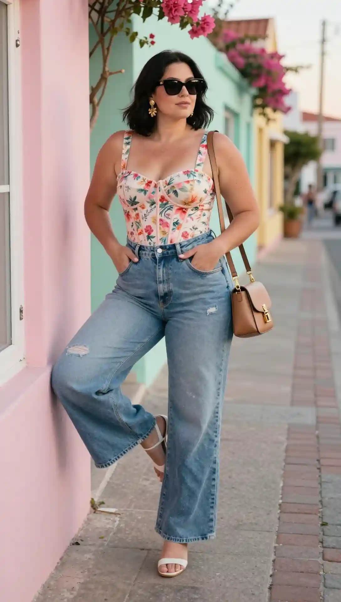 Floral Corset Top + Wide Leg Jeans + White Sandals