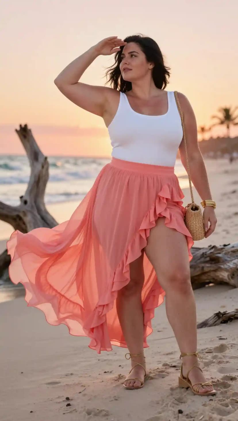 White Ribbed Tank Top + Coral Ruffled Maxi Skirt