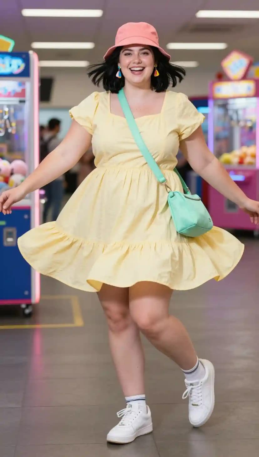 Yellow Cotton Dress + Pink Bucket Hat