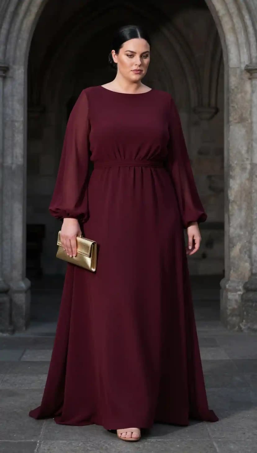 Maroon Chiffon Maxi Dress + Gold Clutch