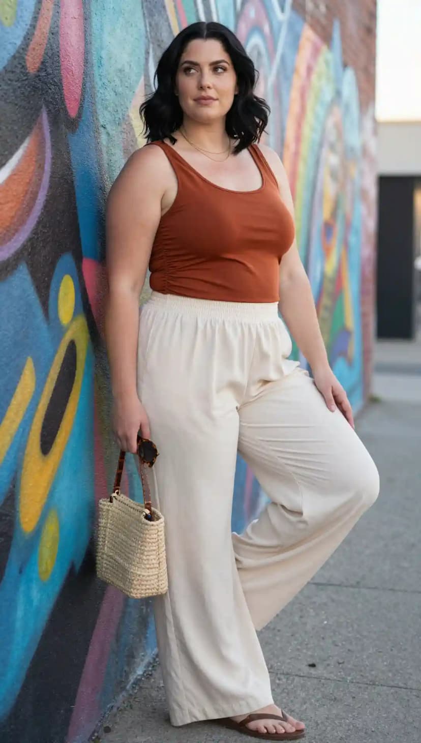 Rust Cotton Tank + Cream Linen Wide-Leg Pants