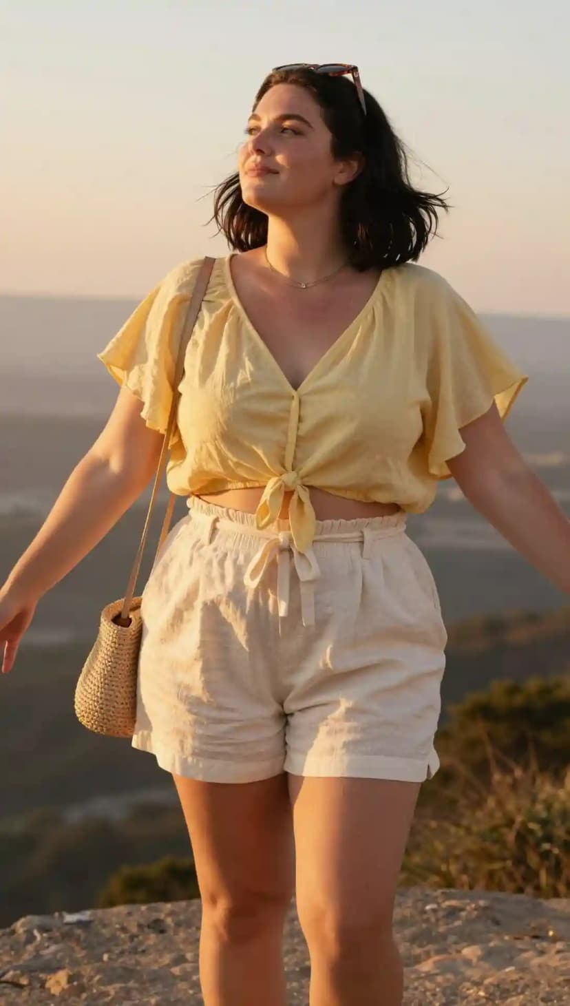 Yellow Linen Crop Top + Cream Linen Shorts