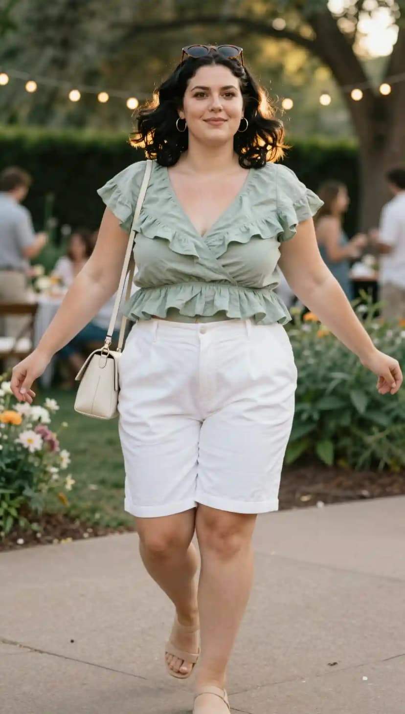 Sage Ruffle Cotton Top + White Linen Shorts