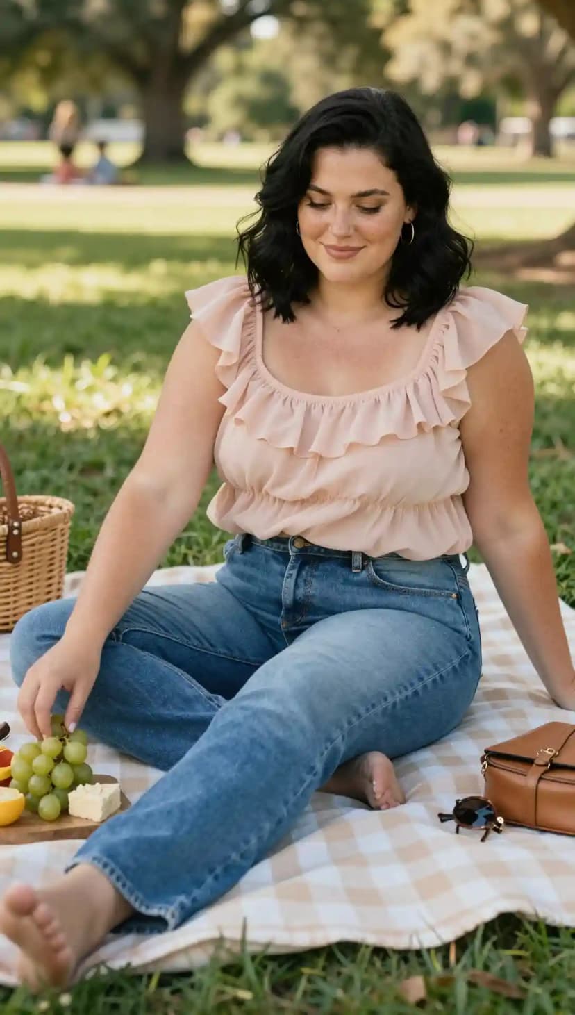 Peach Chiffon Ruffle Top + Blue Denim Jeans