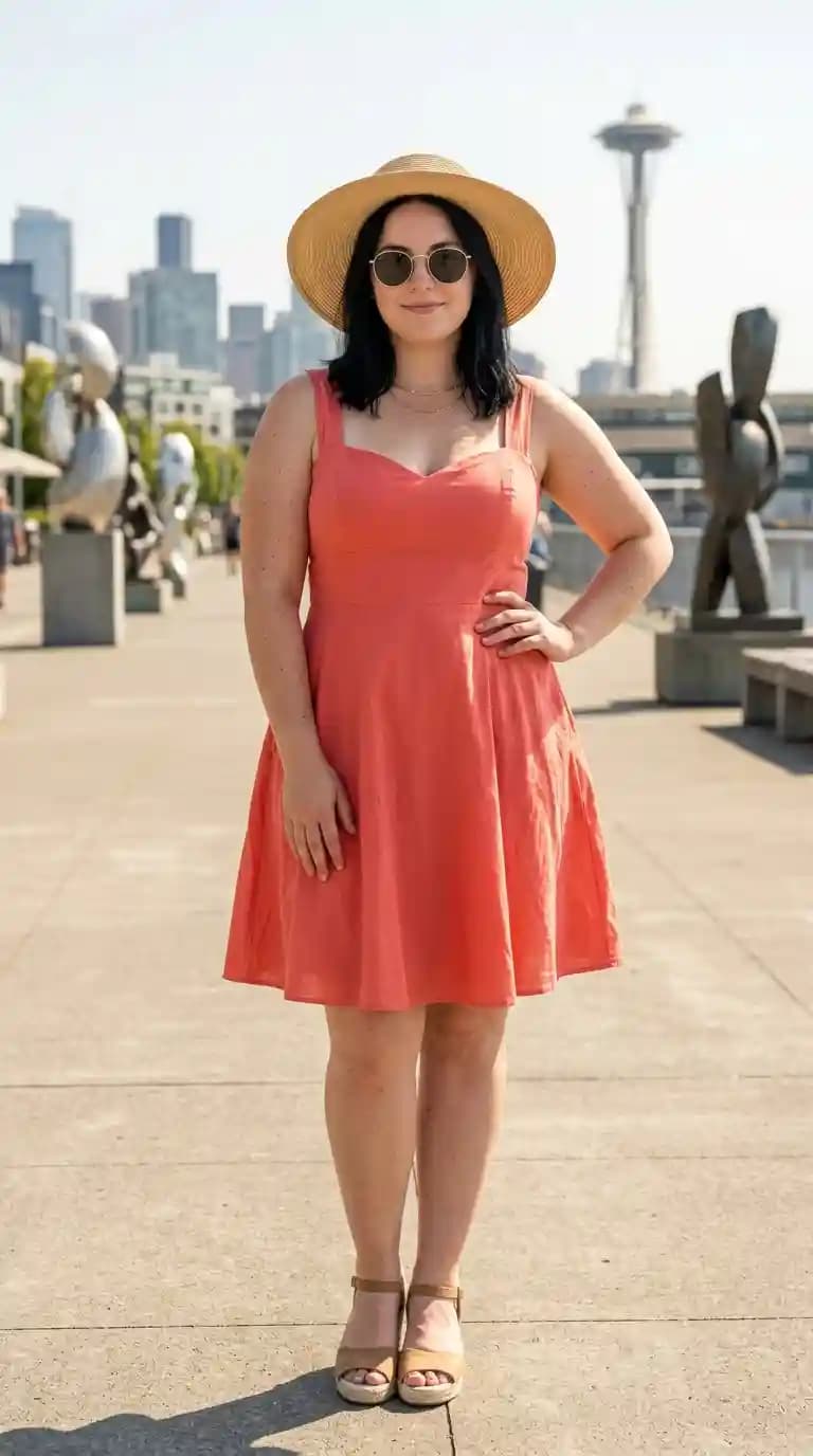 Coral Linen Blend Dress + Straw Hat + Round Sunglasses