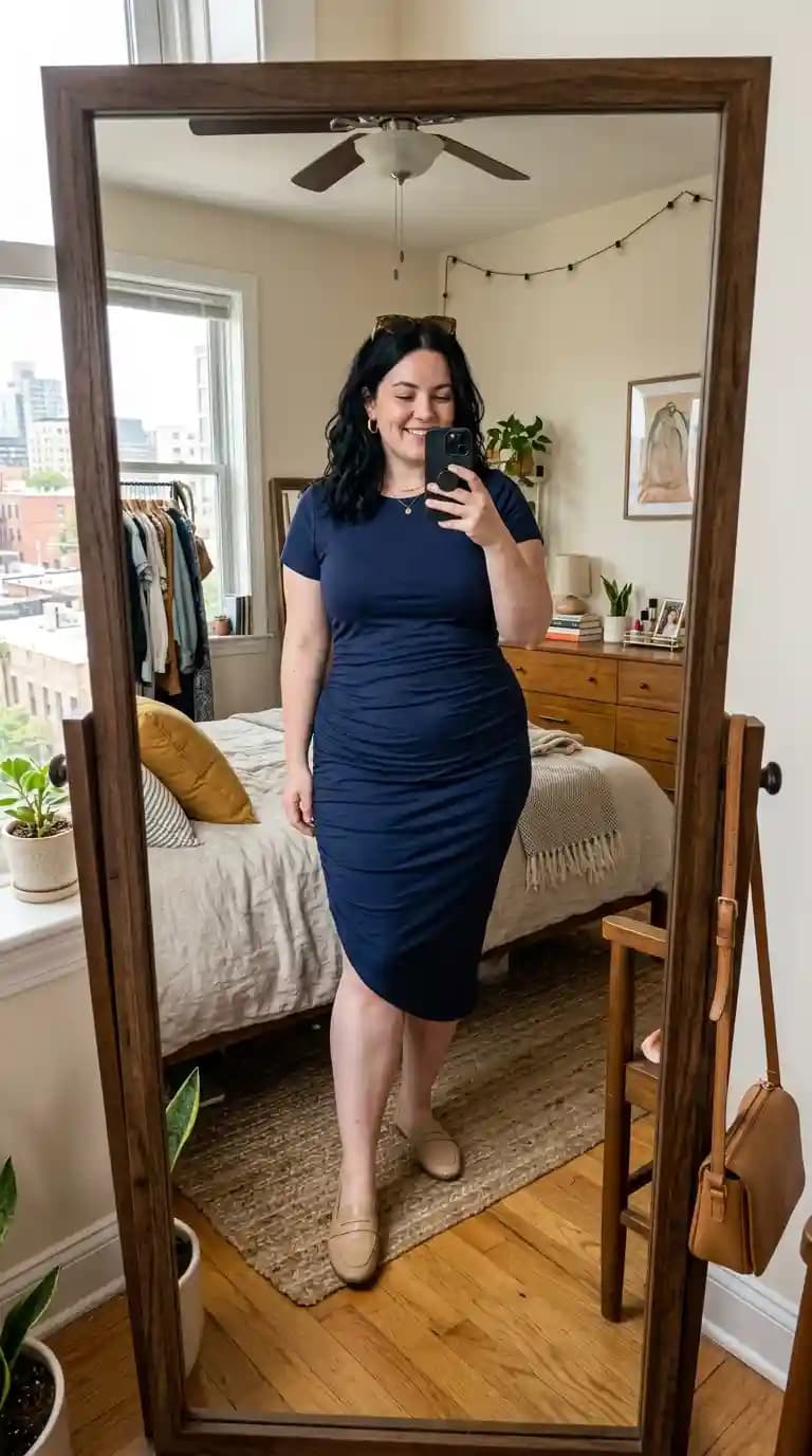 Navy Ruched Sheath Dress + Tan Loafers + Sunglasses