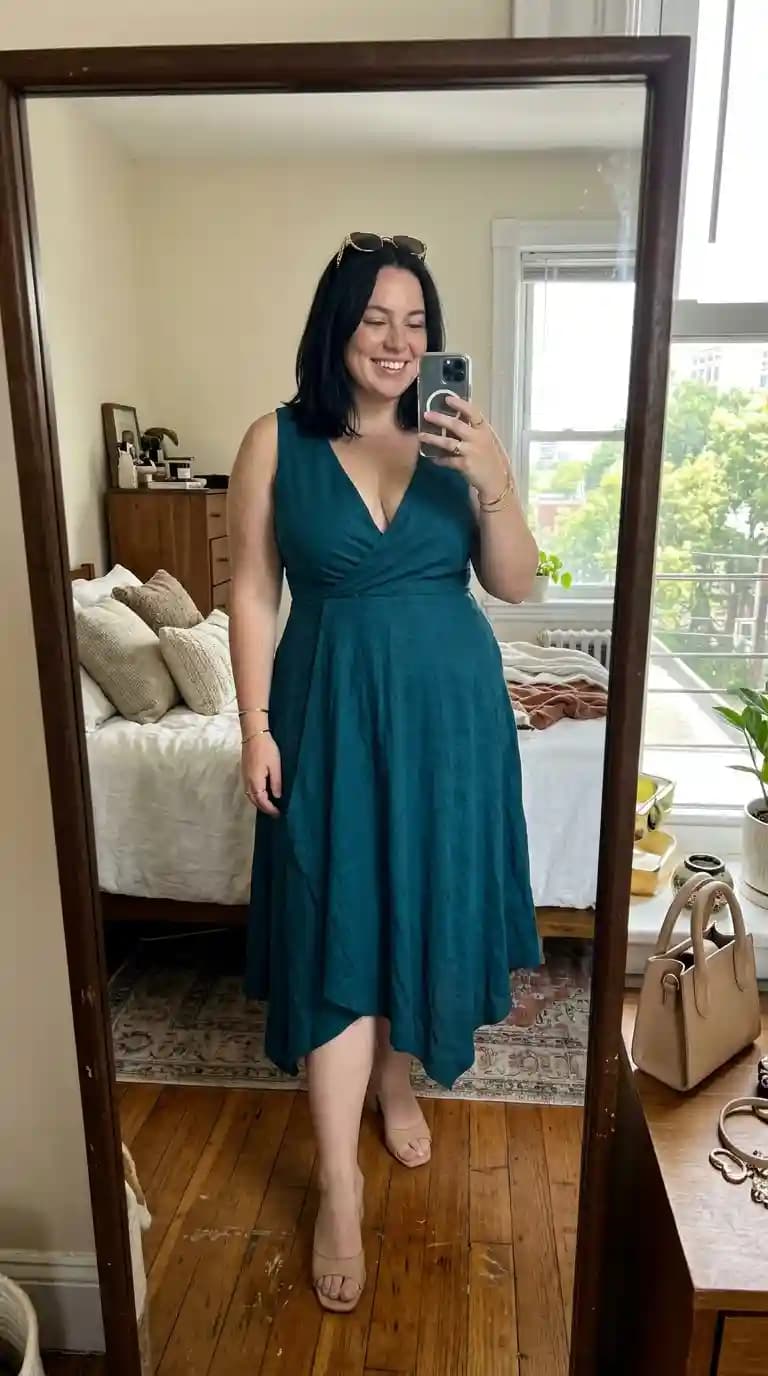 Teal Wrap Midi Dress + Tan Block Heels + Gold Bracelets
