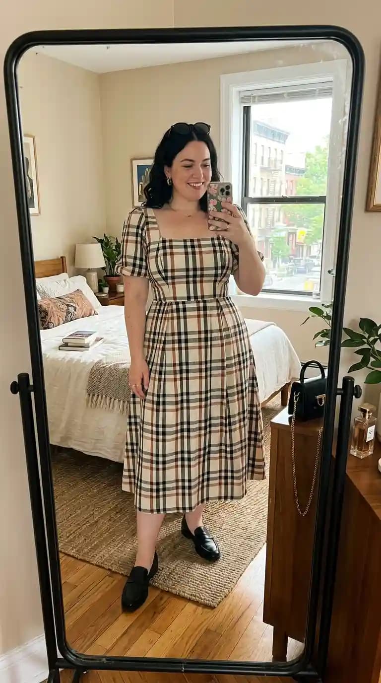 Plaid Fit-and-Flare Dress + Black Loafers + Black Handbag