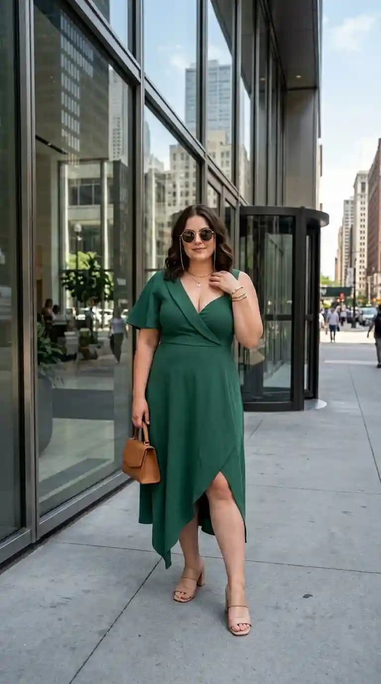 Emerald Green Wrap Dress + Tan Block Heels + Brown Handbag