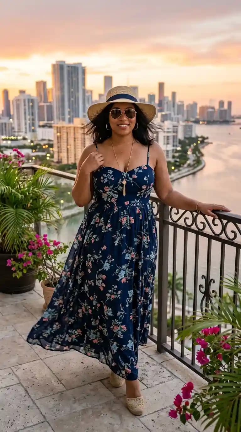 Navy Floral Maxi Dress + Straw Hat + Espadrilles