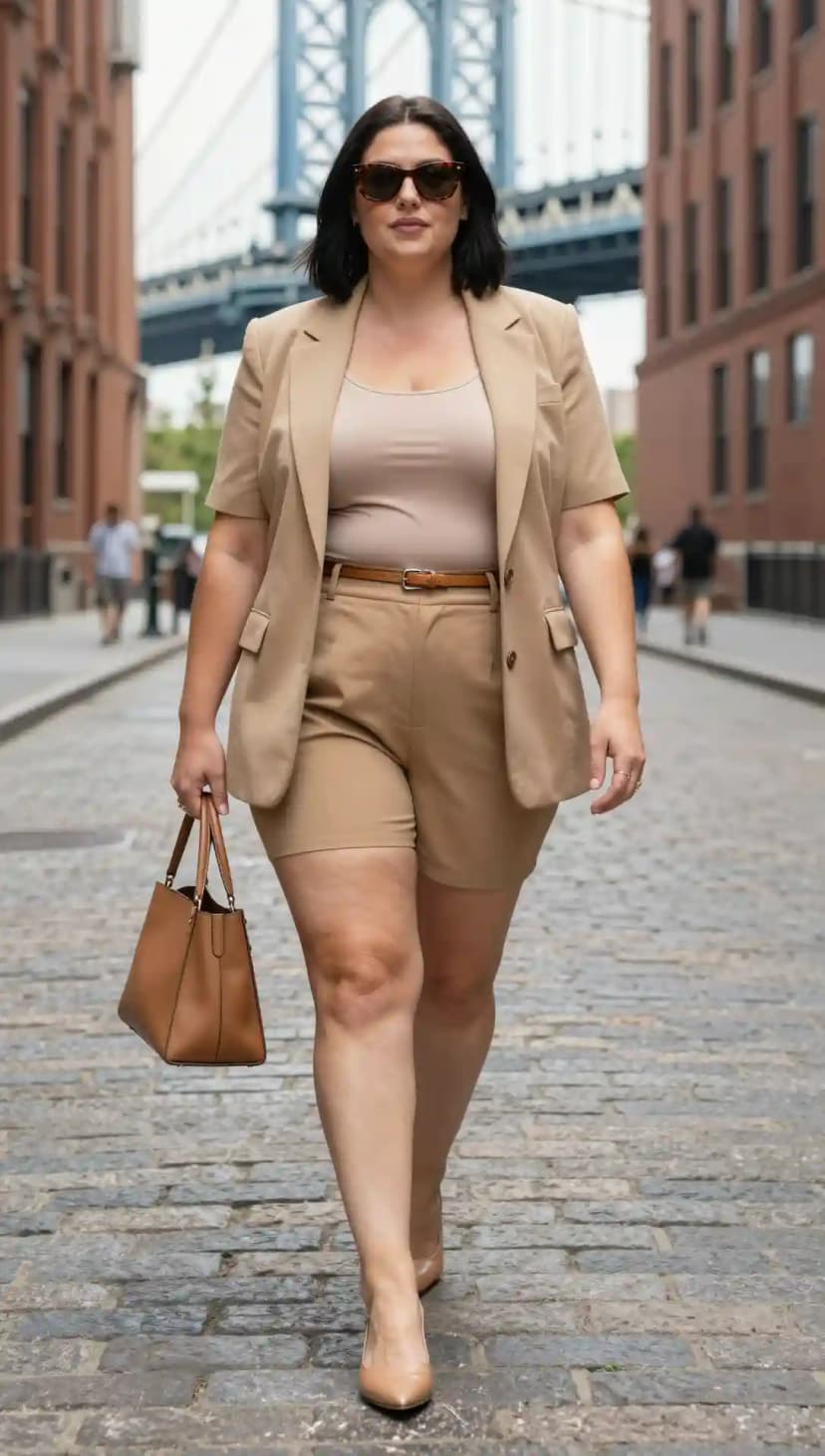 Tan Blazer + Nude Tank Top + Tan Shorts + Nude Heels