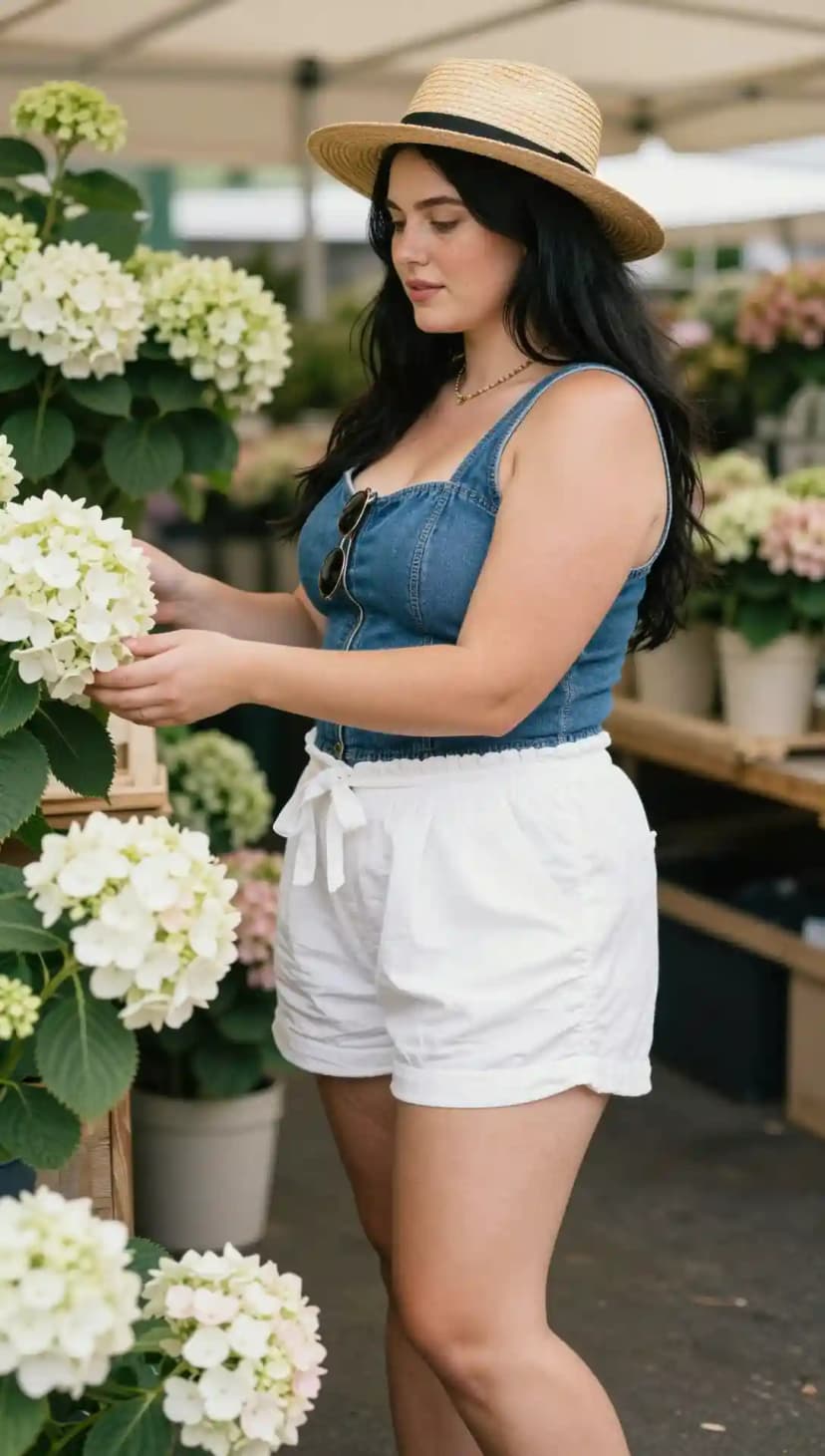 Blue Denim Crop Top + White Cotton Shorts
