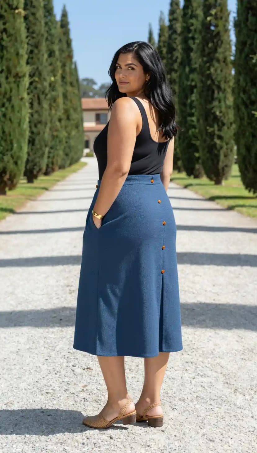 Black Tank Top + Blue Textured Midi Skirt