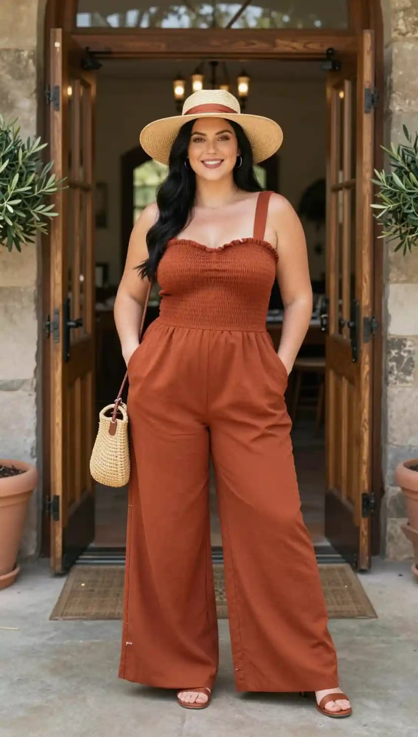 Rust Smocked Bodice Jumpsuit