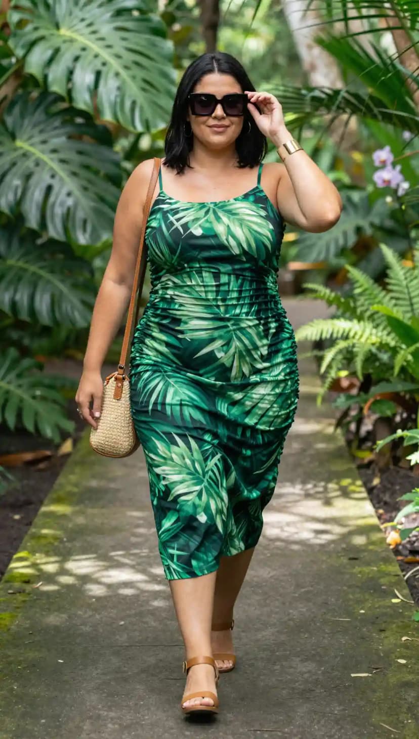 Green Leaf Print Jersey Dress