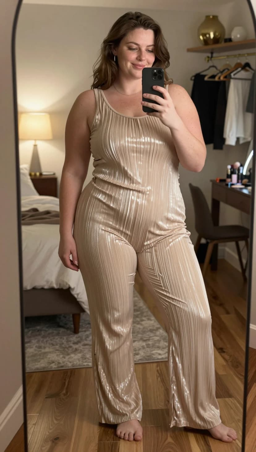 Champagne metallic plissé jumpsuit