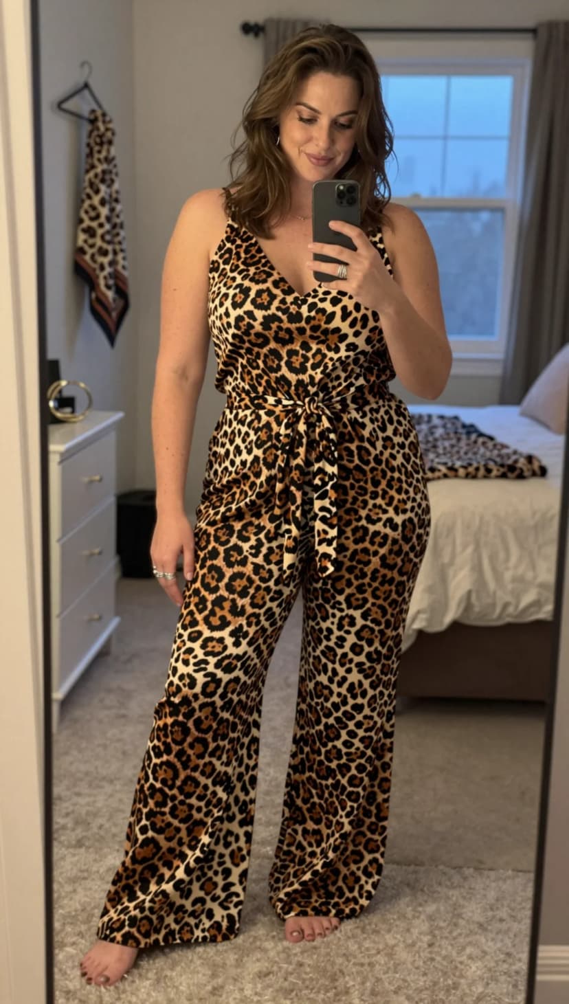 Brown leopard print jersey jumpsuit