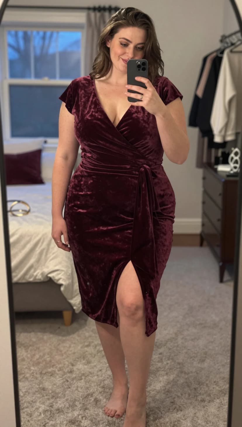 Burgundy velvet wrap dress