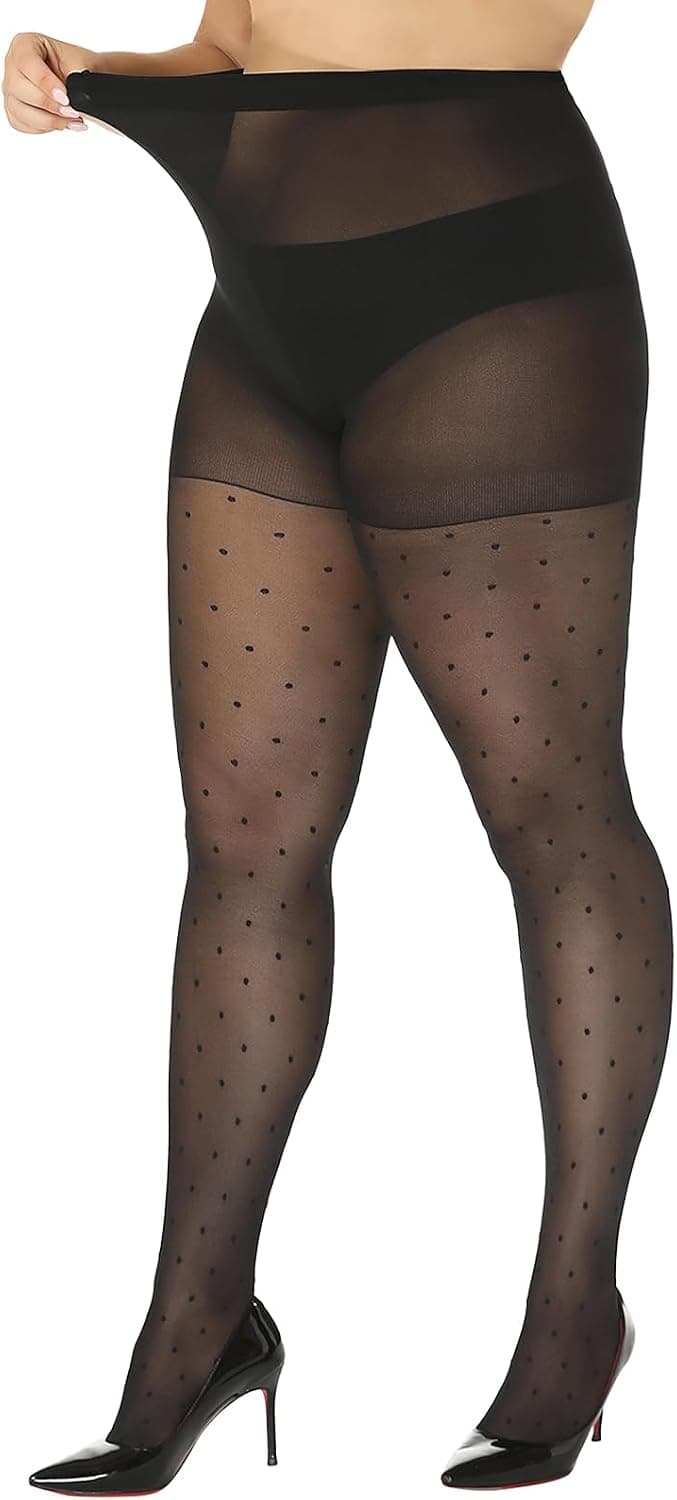 Black plus-size polka-dot sheer tights — sizes XL–XXL Plus and 3XL–4XL Plus
