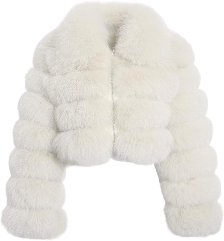 White/cream cropped faux-fur jacket — closest cream layer, sizes XS–XXL