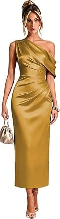 Copper one-shoulder satin formal dress